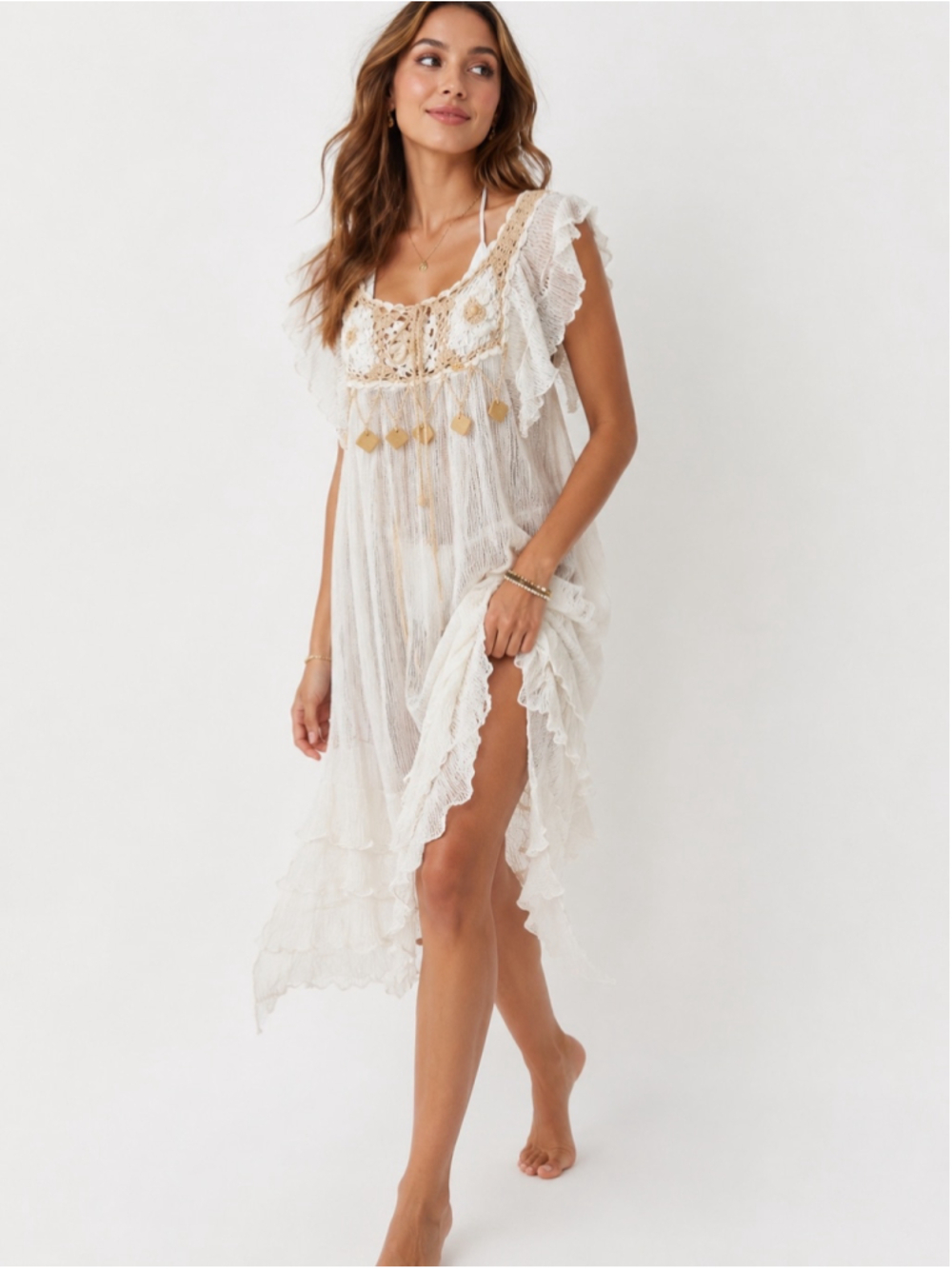 Women's Boho Crochet Floral Tiered Midi Dress Fairycore Whimsygoth Beach Dress